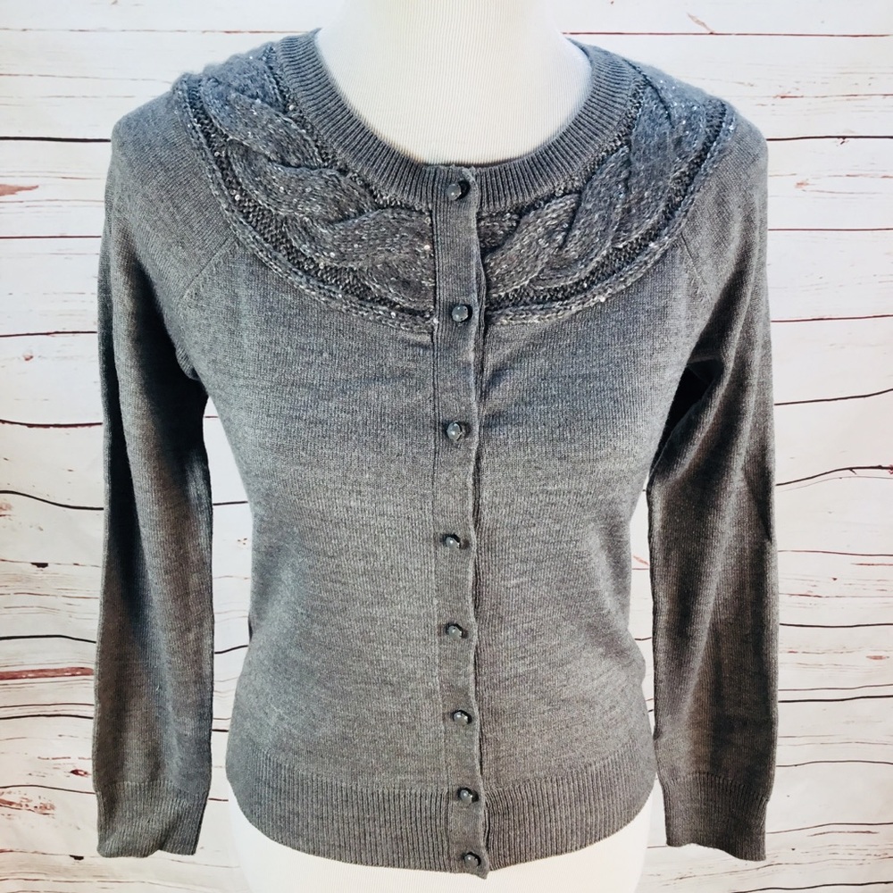 New York & Company Gray & Silver Cardigan Size XS